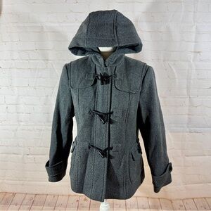 Talbots Wool Pea Coat Charcoal Gray Hooded Toggle Sailor Pockets Jacket L 10 P